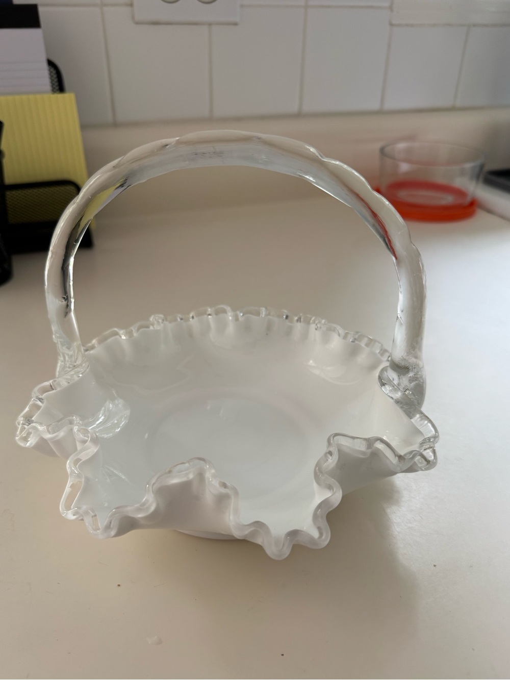 Fenton Silvercrest White Ruffled Glass Basket with Clear Handle